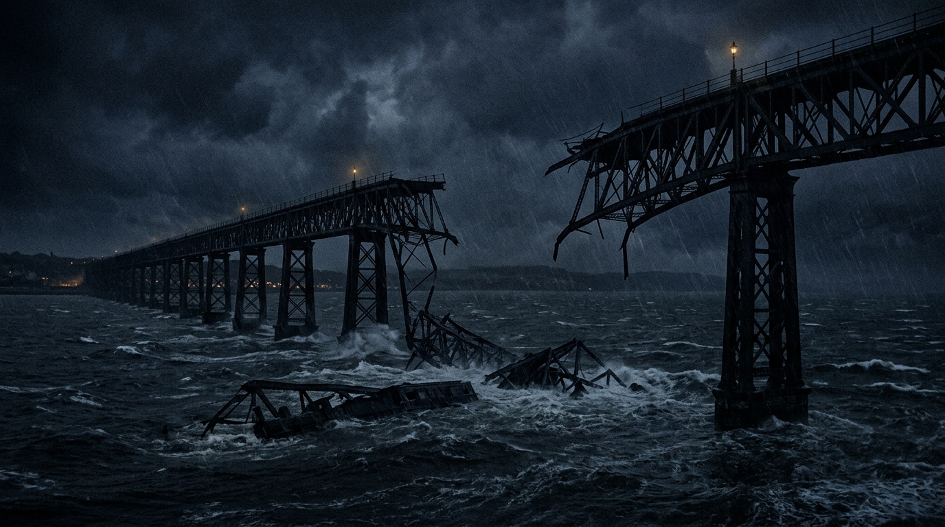 Au-dessus d’un estuaire écossais s’ouvrait depuis 1878 un pont de 3 km dont le milieu a disparu une nuit de tempête