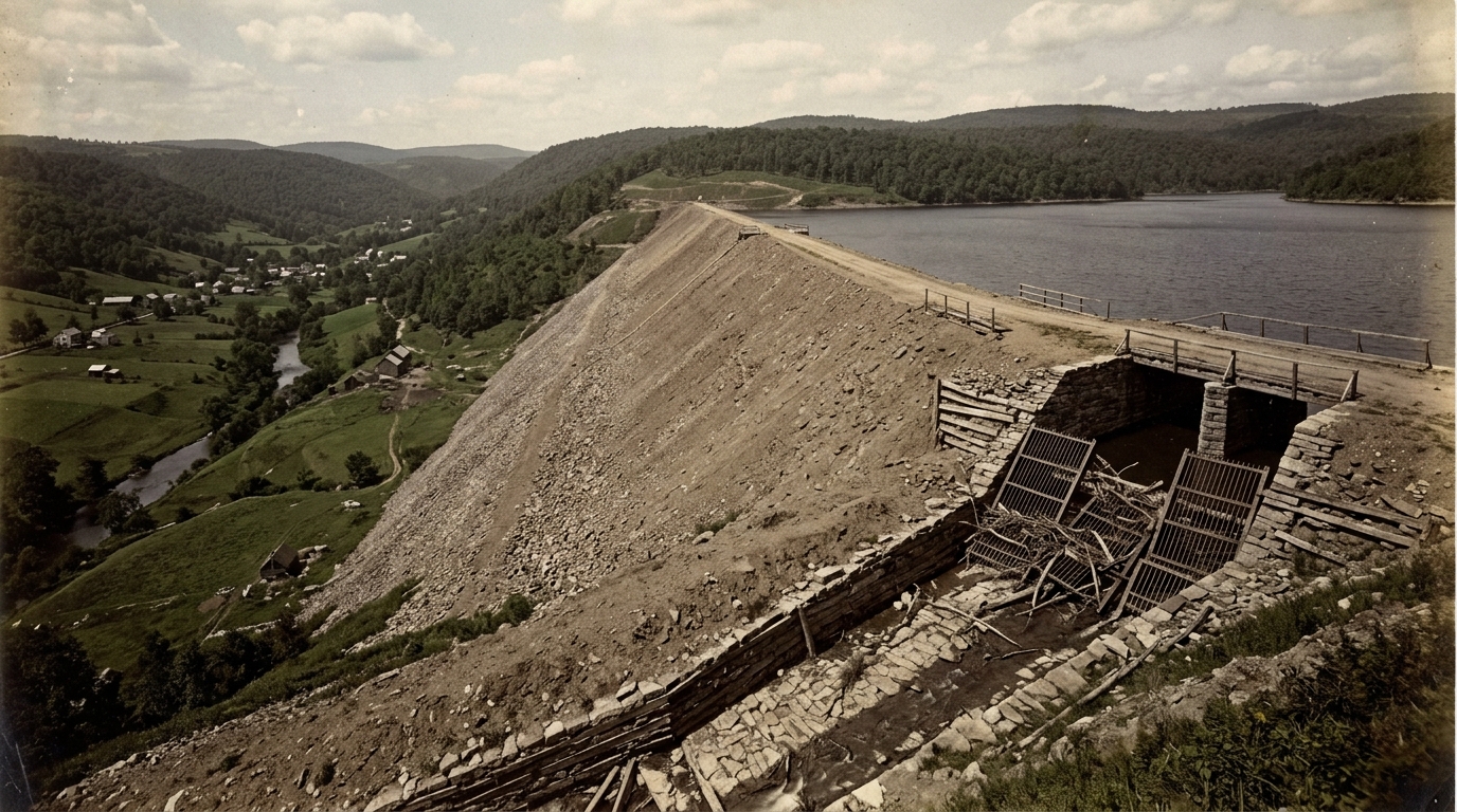 Au-dessus d’une vallée de Pennsylvanie retenait en 1889 un barrage privé dont les grilles avaient été posées à l’envers