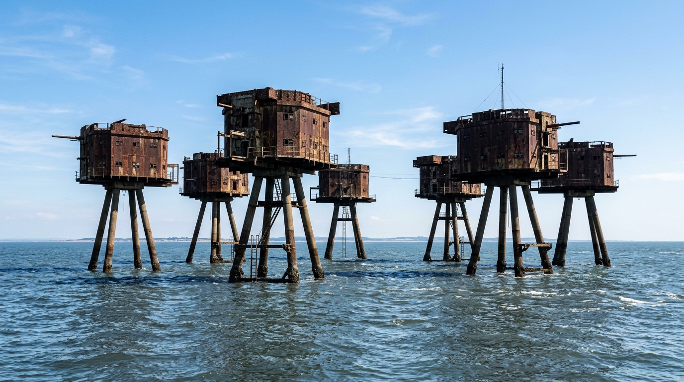 Au large des côtes anglaises tiennent depuis 1943 sept forts sur pilotis que l’armée a abandonnés en pleine mer