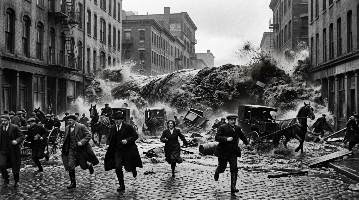 Dans une rue de Boston a déferlé en 1919 une vague de 4 m que personne n’a pu fuir : elle n’était pas faite d’eau