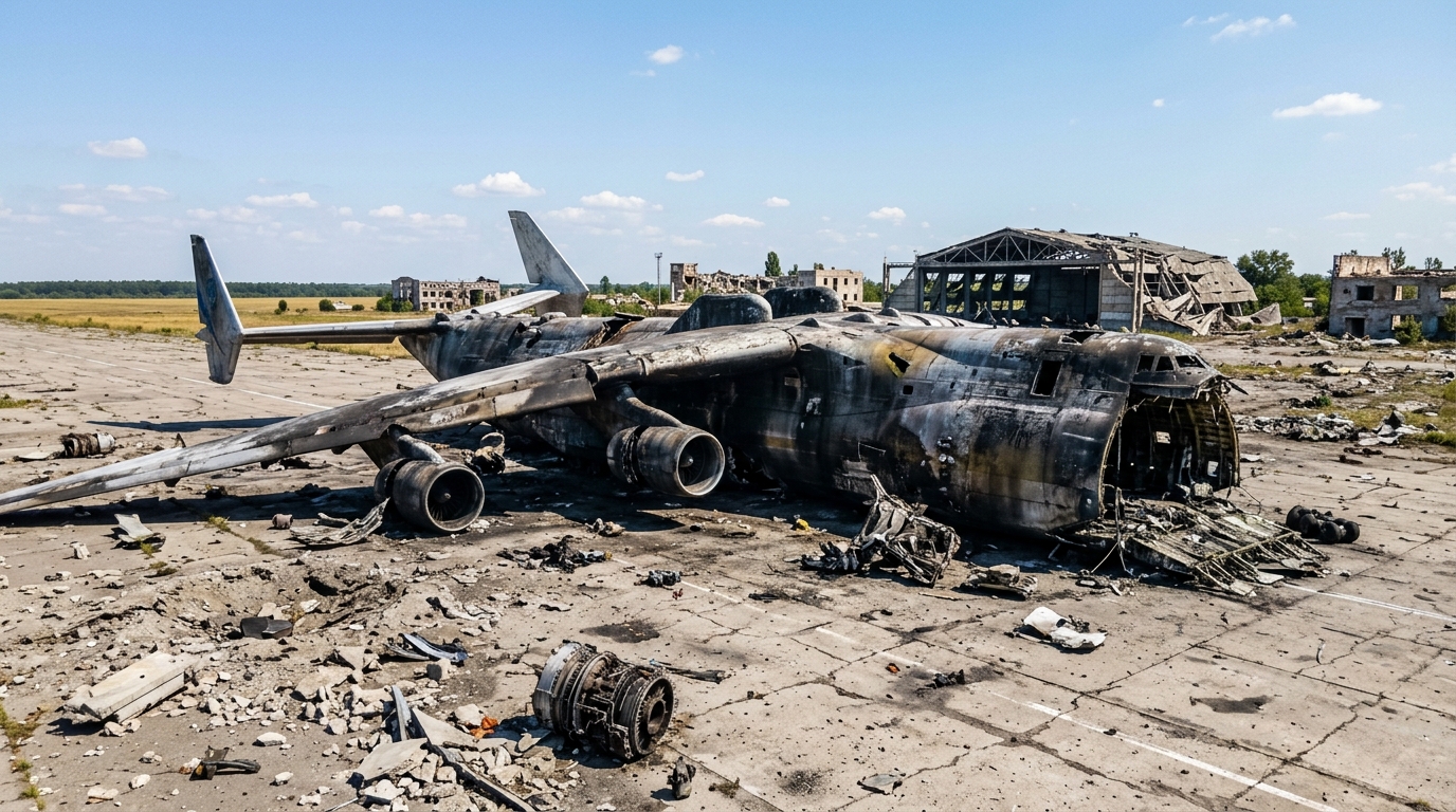 Sur un tarmac au nord de Kiev a brûlé en février 2022 le plus gros avion du monde, construit pour une tout autre mission