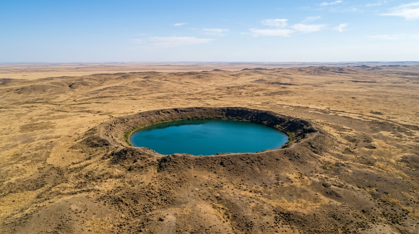 Sur une steppe du Kazakhstan dort depuis 1965 un lac de 400 m qu’aucune rivière n’a creusé
