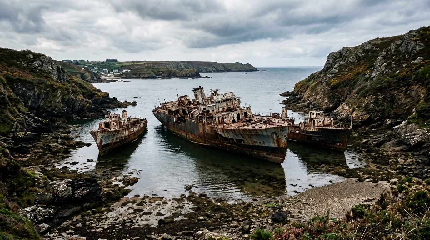 Dans une anse du Finistère dorment depuis 1945 quarante coques de guerre que la Marine n’a jamais fini de démanteler