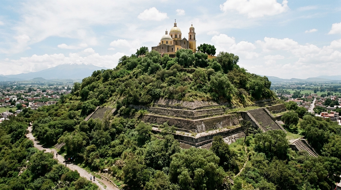 Si cette colline mexicaine coiffée d’une église paraît naturelle, ce n’est pas la nature : c’est ce que les bâtisseurs ont empilé pendant des siècles