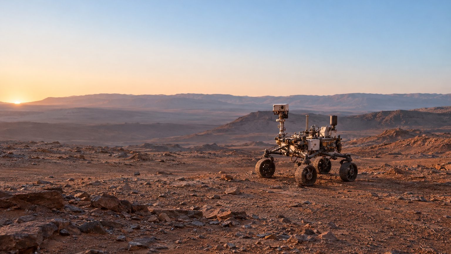 Curiosity : panorama de l'aube sur Mars et falaises du mont Sharp